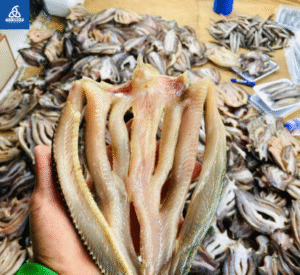 Người cầm cá lóc xẻ miếng, phía sau là hàng loạt cá phơi.